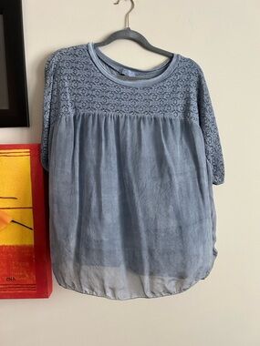 Lace Yoke Short Sleeve Blouse in Dusty Blue - Women's. Made in Italy